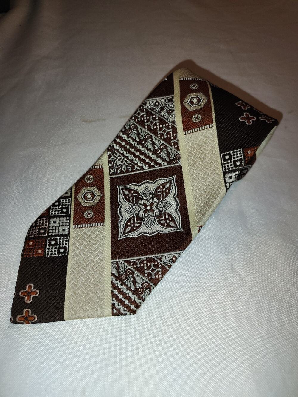 Vintage 1970s Polyester Necktie Geometric Mosaic Shades Of Brown